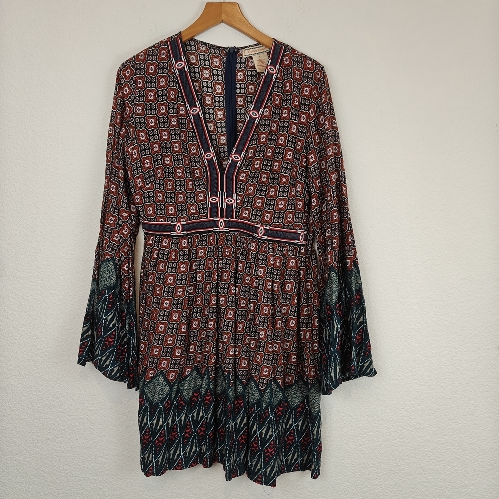 Flying Tomato Anthro Embroidered Bell Sleeve Multi Print Boho Mini Dress LG